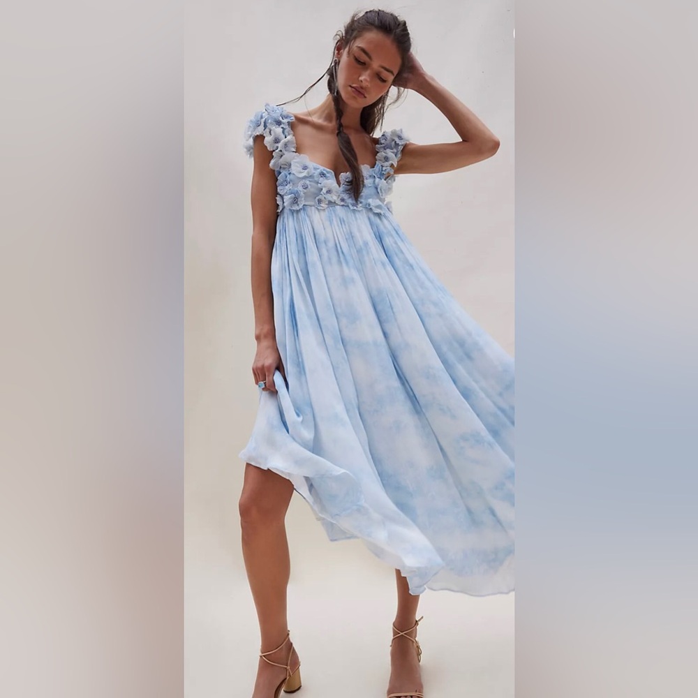 Free People Sky Blue Floral Appliqué Maxi Dress